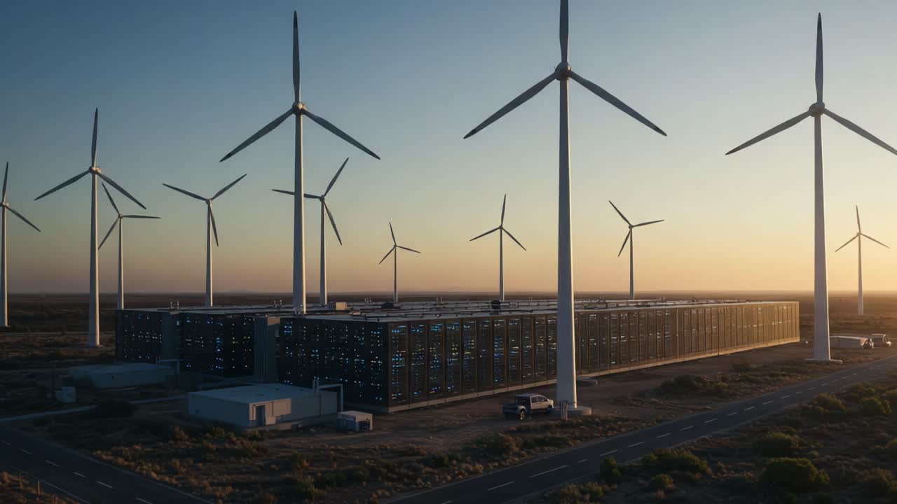 Aerial View of a Modern Data Center Surrounded by Wind Turbines at Sunset, Emphasizing Renewable Energy Integration with Advanced Technology