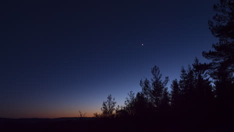 time lapse sky darkens at nightfall over trees on clear sky evening