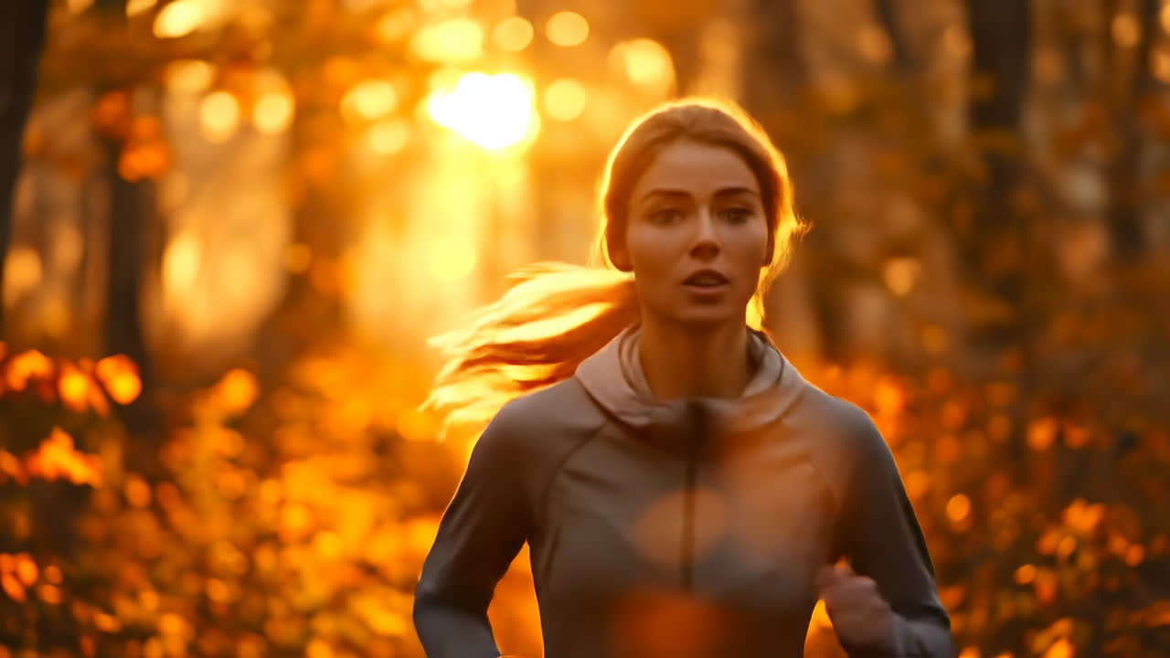 Sunset forest run. A woman runs through a forest with orange leaves as the sun sets in the background