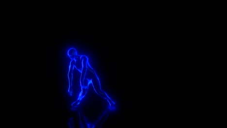 dancing blue glowing 3d character artificial intelligence from polygons on a reflective floor on a black isolated background seamless loop animation