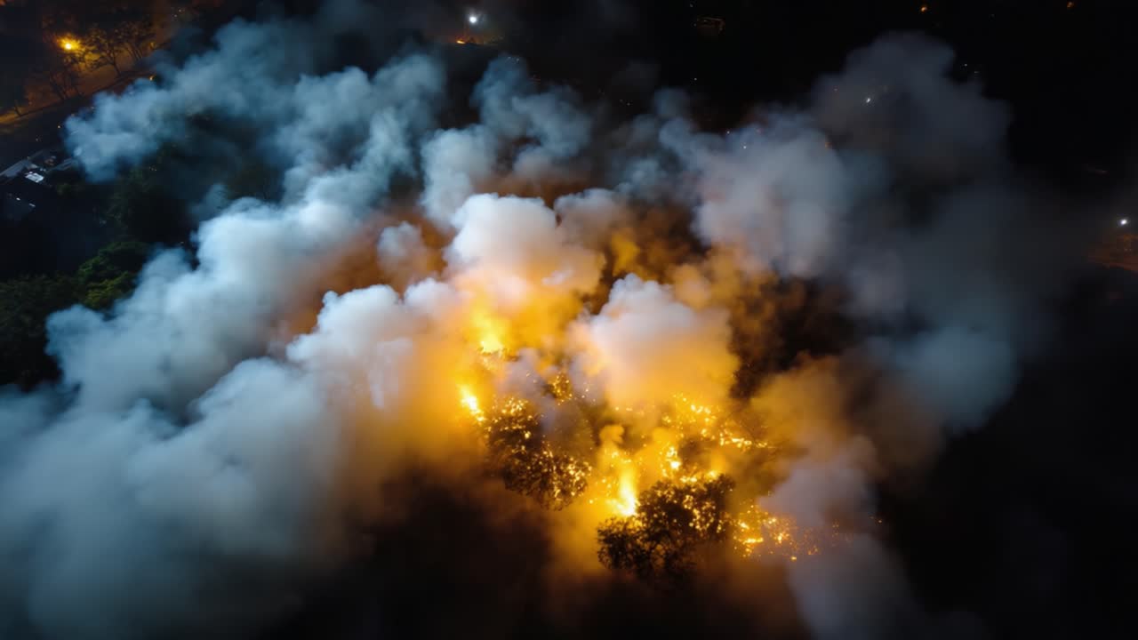 Aerial View of a Smoky Blaze Illuminating the Night Sky: A Fiery Scene Captured from Above, Showcasing the Intensity of Flames and Billowing Smoke in the Darkness
