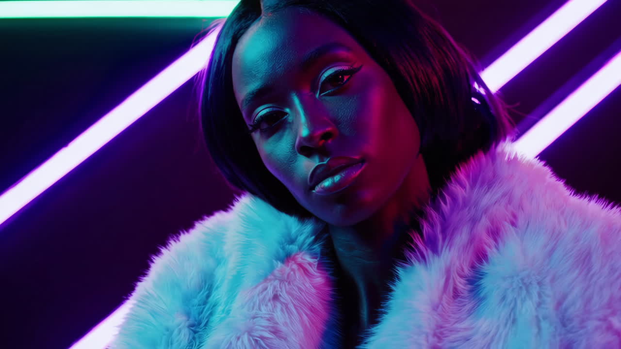 Vibrant Neon Portrait of a Stylish Woman in a Fur Coat