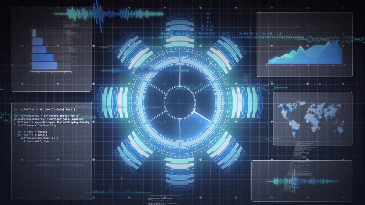 Animation of futuristic digital interface with graphs and charts on grid background