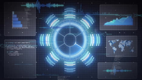 animation of futuristic digital interface with graphs and charts on grid background