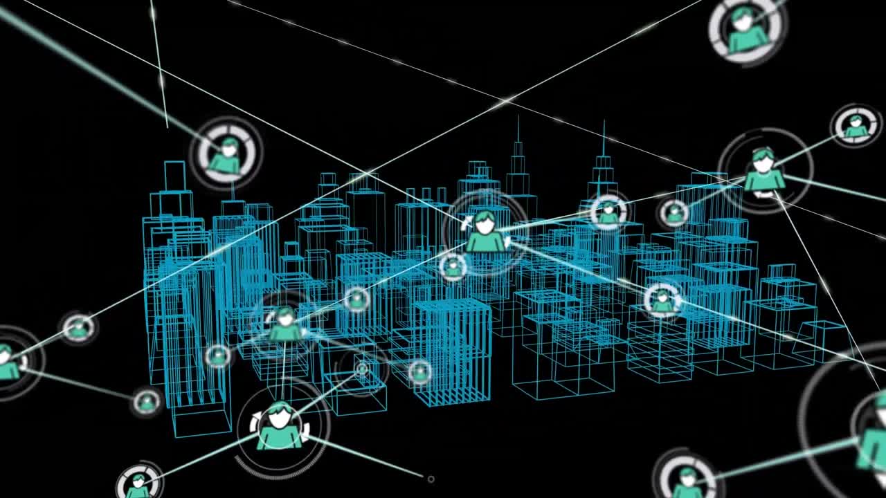 Animation of network of connections with icons over 3d city drawing on black background