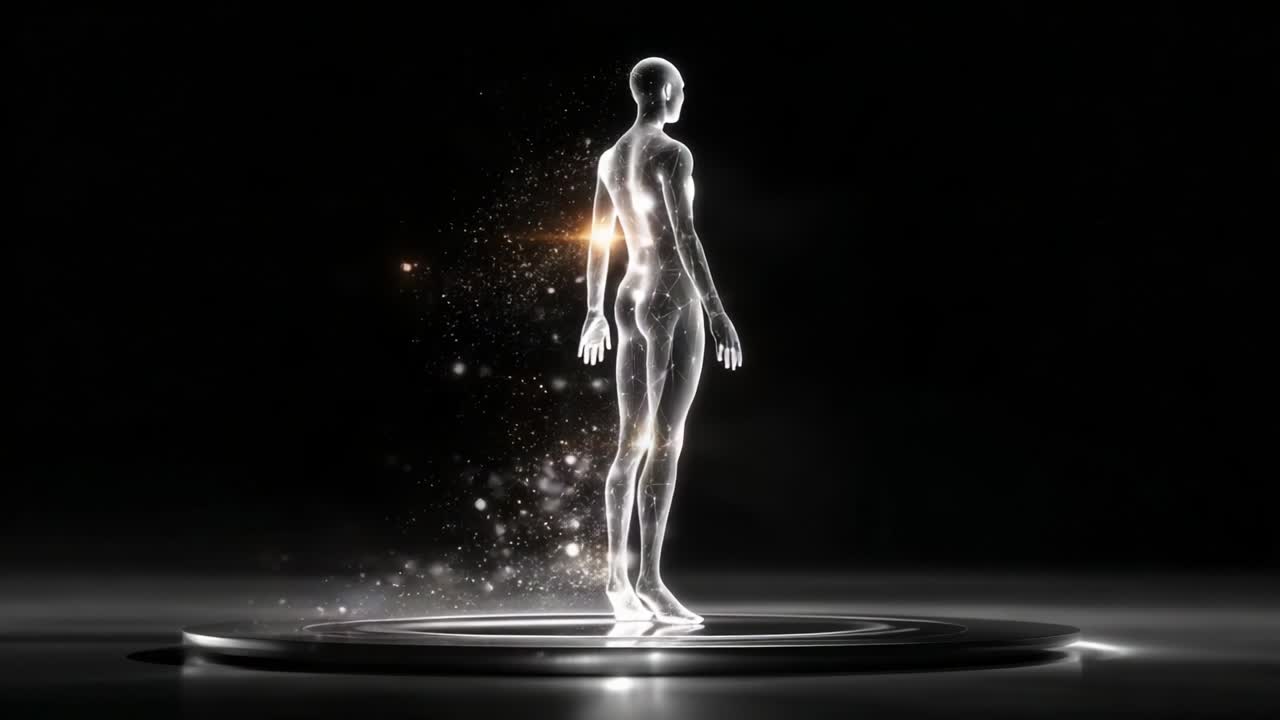 A ethereal representation of a human figure composed of glowing particles, showcasing a mesmerizing transition from the initial spark of life to a dynamic, illuminated form, embodying vitality and energy