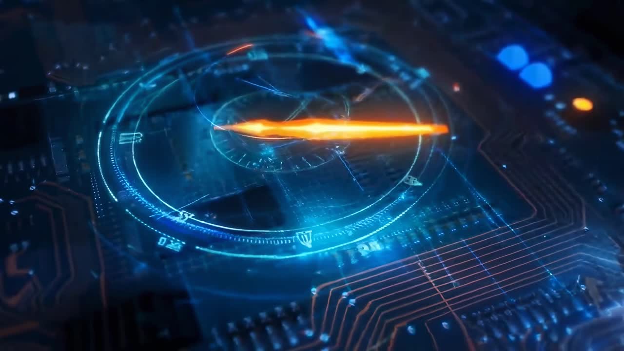 Concetto video futuristico con un'angolazione dall'alto, che mostra un'interfaccia digitale luminosa.