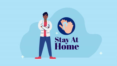 afro doctor with hands washing and stay home lettering