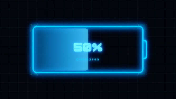 Digital Battery Charging Progress Indicator with Glowing Blue Neon Interface