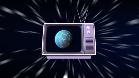 Animation-of-vintage-tv-and-globe-on-black-background