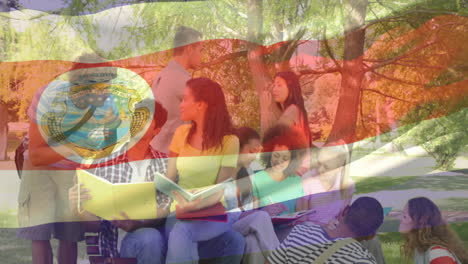 studying outdoors, diverse students with costa rican flag animation in background