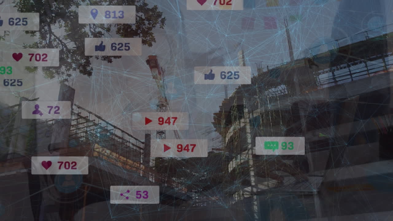 건물 현장 위에 미디어 아이콘으로 연결된 네트워크의 애니메이션