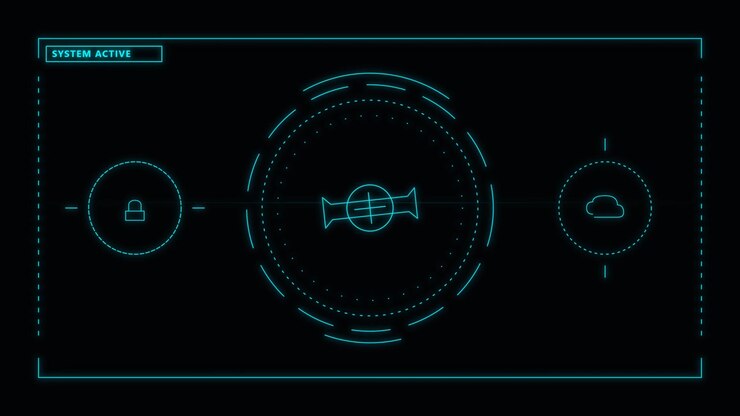 Digital HUD Interface with Rotating Target and Security Icons