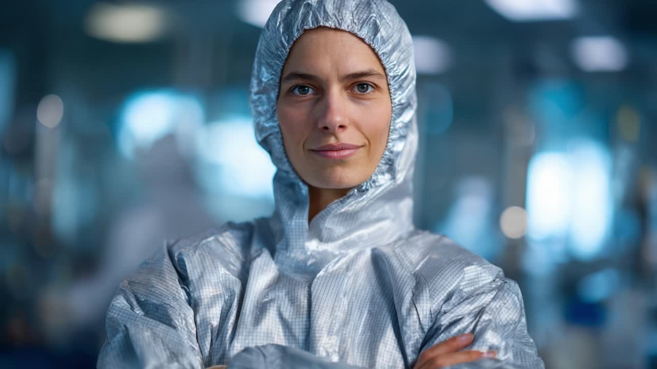 Scienziata sicura di sé con indumenti protettivi: una rappresentazione forte di dedizione e professionalità in un ambiente di laboratorio controllato