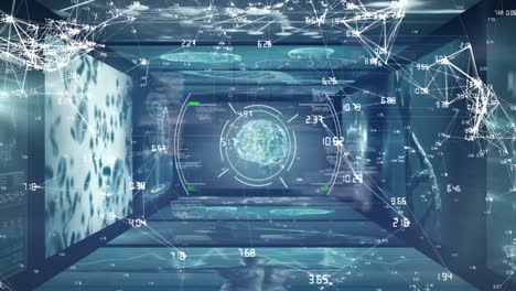 Animation-of-scopes-scanning-with-globe-of-connections-and-data-processing-on-digital-screen