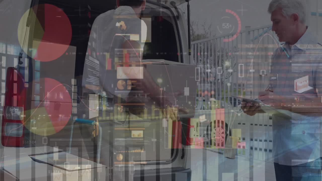 통계 및 금융 데이터 처리의 애니메이션 배달 남자와 밴