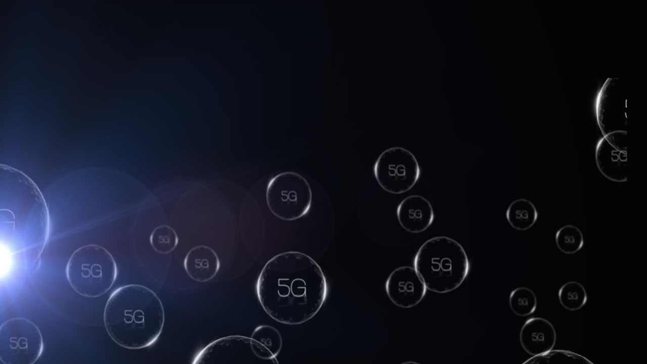 Animation of 5g text in circles with lens flares against black background