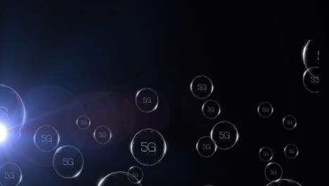 animación de texto 5g en círculos con destellos de lente contra un fondo negro