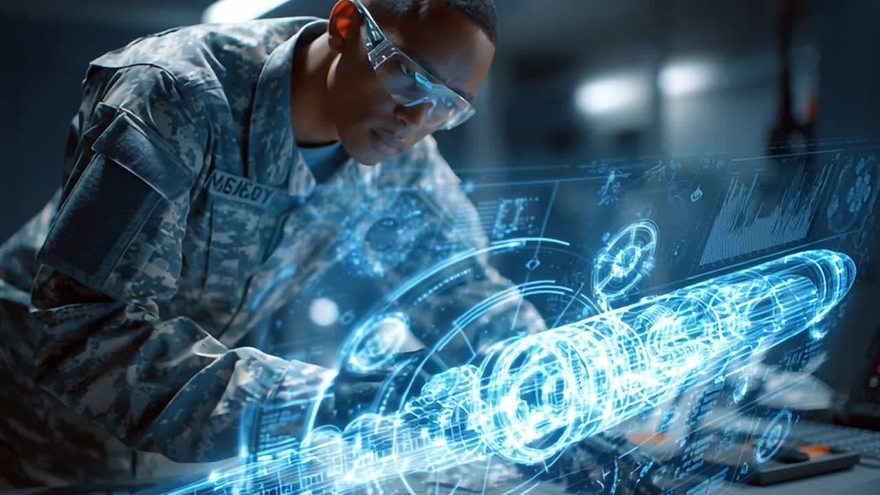 Military personnel uses advanced tech in a high-tech setting