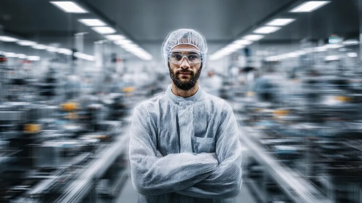 Professional Technician in Cleanroom Attire, Embodying Precision and Safety in a High-Tech Manufacturing Environment with Equipment and Machinery in Background