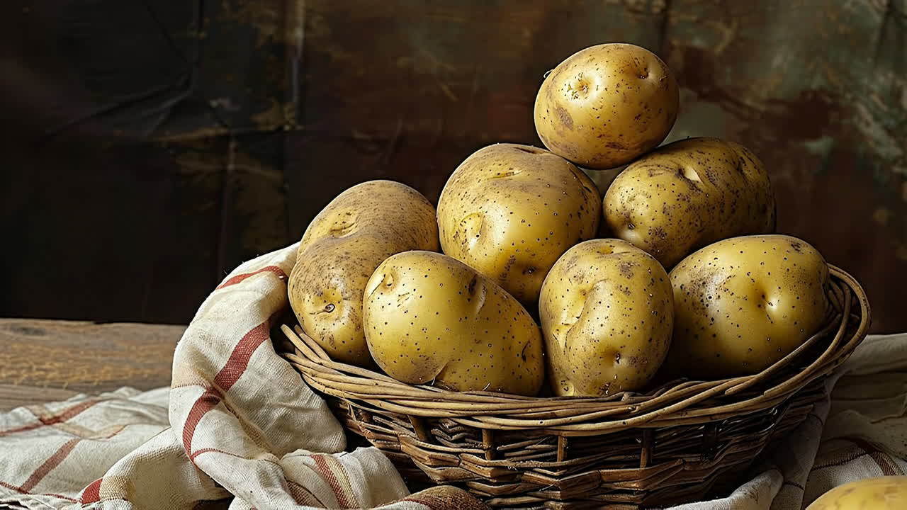 Patate in un cesto. Le patate sono ammucchiate in un cesto marrone con un panno su un tavolo di legno. Una patata rotola via sul tavolo