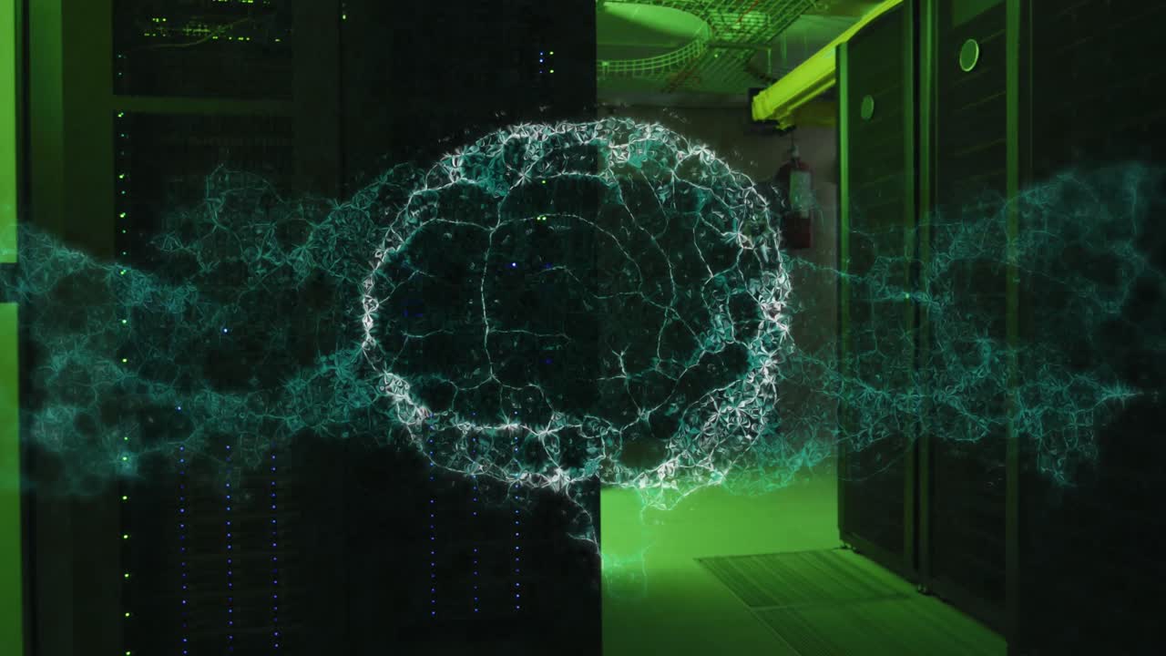 Animation of dna strand and digital brain over server room
