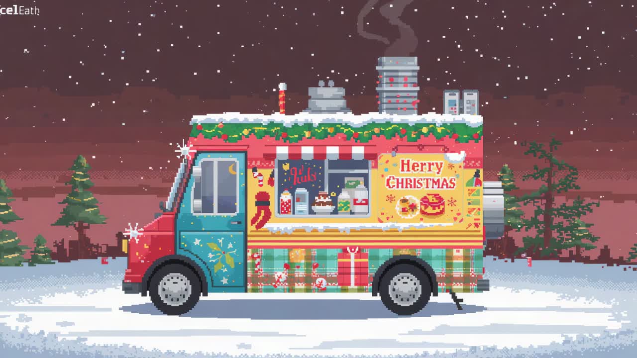 Snow falling, decorated food truck emitting smoke, serving hot treats on road, Herry Christmas sign