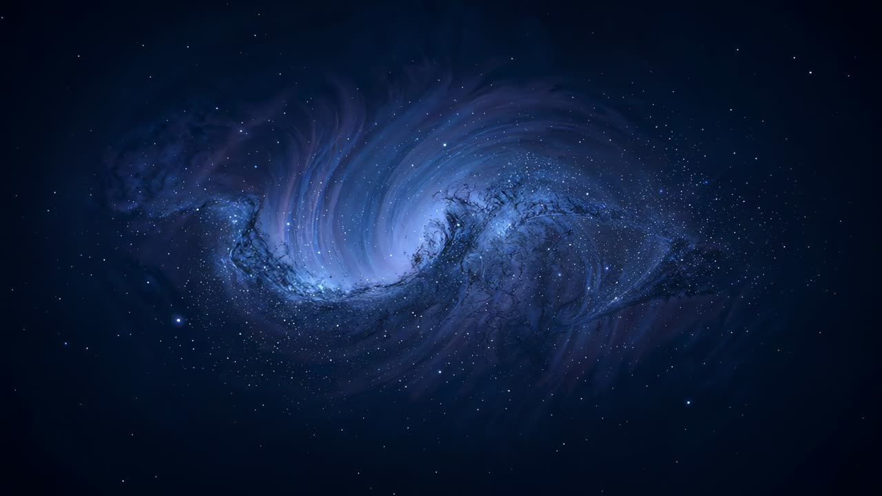 Camera pulling closer revealing luminous swirling nebula rotating and shedding stars in deep space