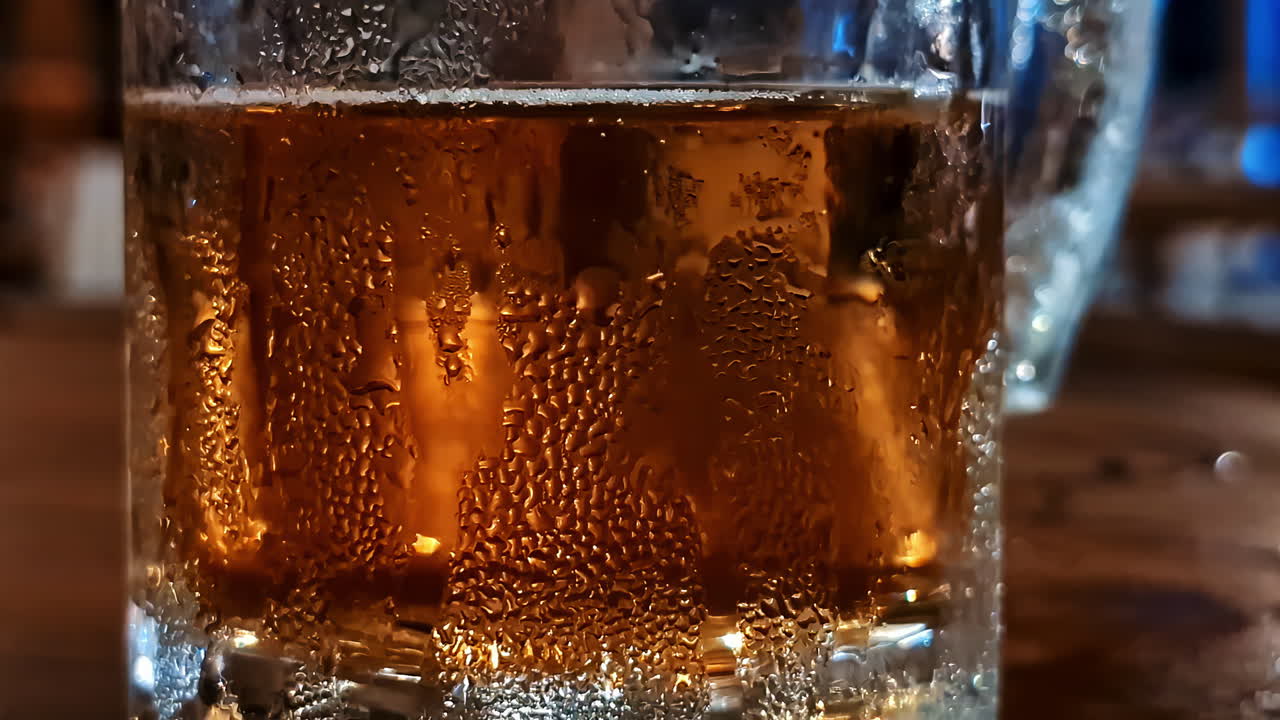 Close-up of a cold beer mug in a warm tropical setting