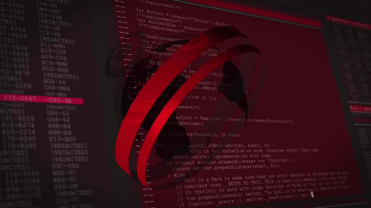 animación de círculos alrededor del globo y lenguaje informático con interfaz sobre fondo negro