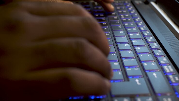 Hacker Typing on Laptop Keyboard, Close up View on Hands