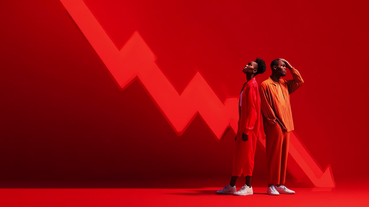 Stylish Duo in Bold Red Attire Presents a Dramatic Contrast Against a Declining Trend Graph, Evoking Emotion Through Color and Movement in a Vibrant Studio Set