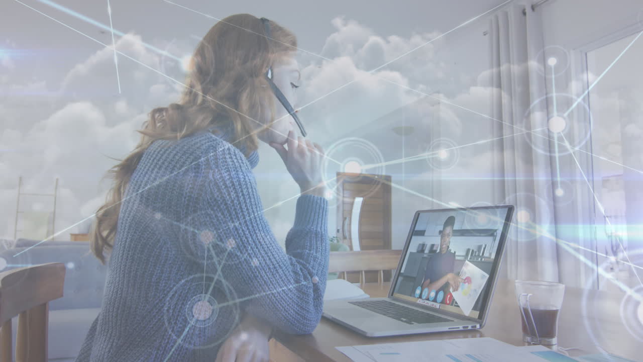 Animation of network of connections over woman using laptop on video call
