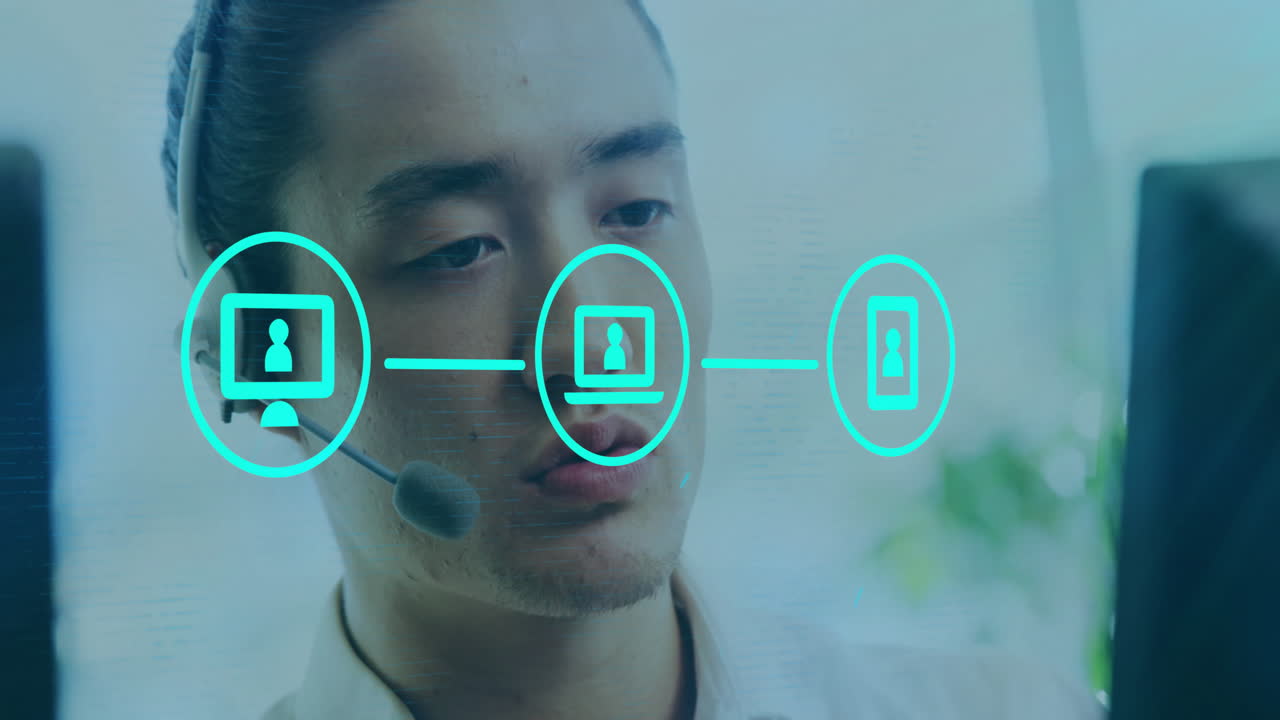 전화 헤드을 가진 아시아 사업가에 대한 아이콘 네트워크의 애니메이션