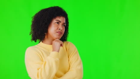 confused, woman and scratching head in green