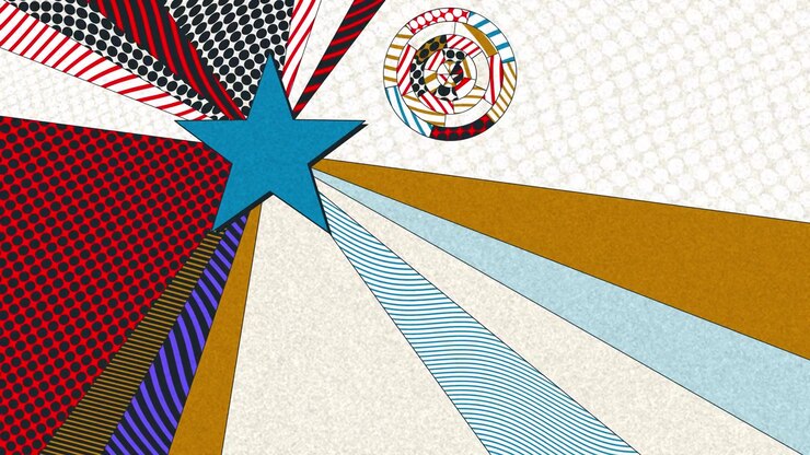 A vibrant pop art star pulsates and changes colors dynamically amidst geometric comic book patterns and radiating lines.