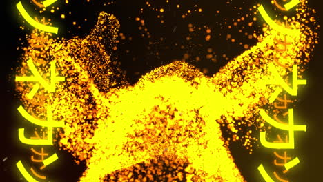 animación de texto japonés amarillo, sobre explosión de lava sobre fondo negro
