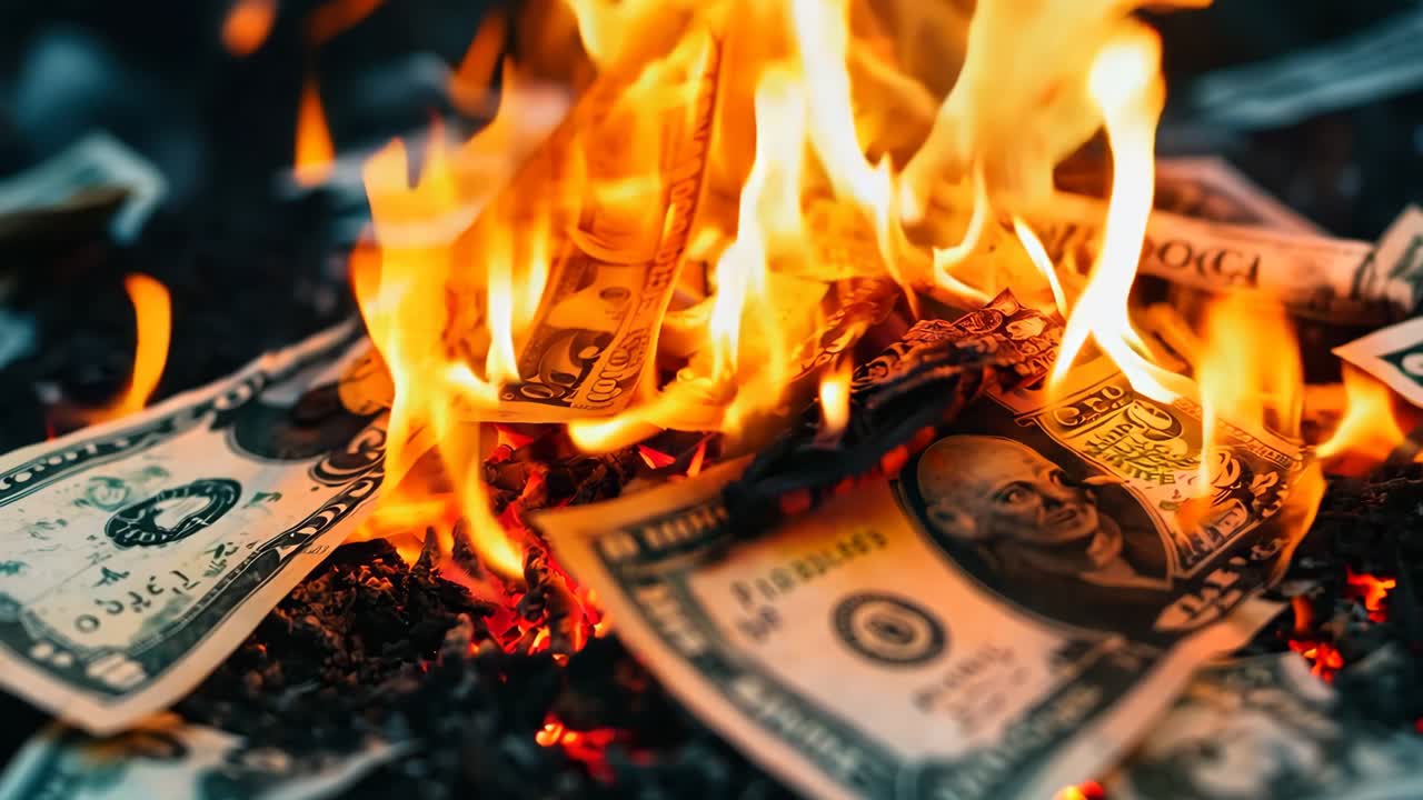 A pile of money on fire with a picture of a man on it