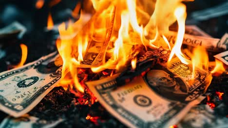 a pile of money on fire with a picture of a man on it