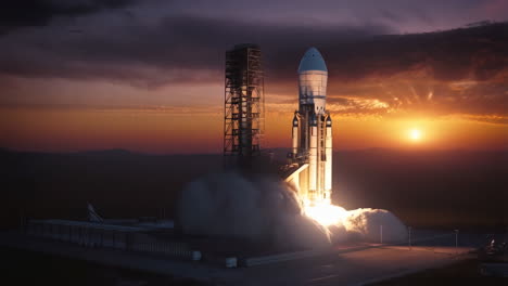 dramatic rocket launch at sunset