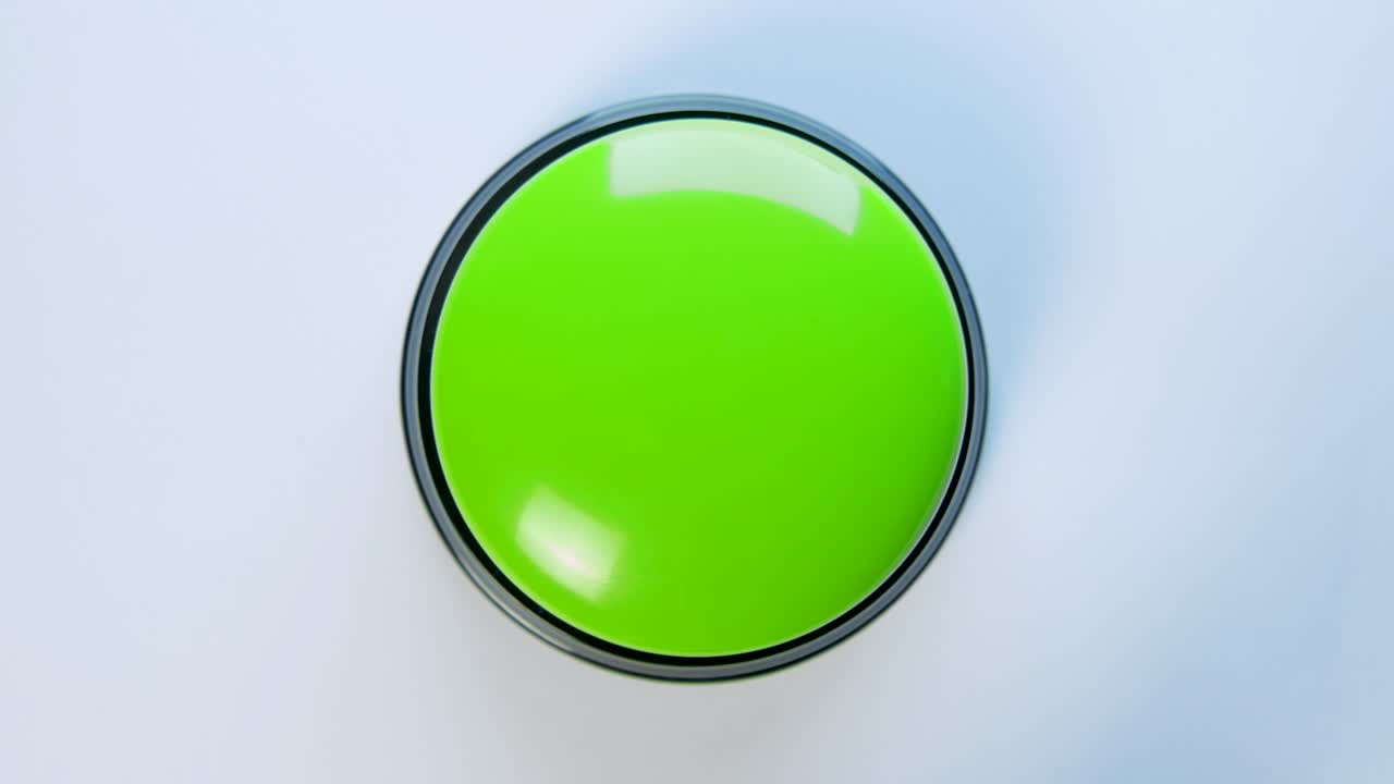 joven presionando el botón verde con un dedo y la palma de la mano. presiona un botón redondo brillante, vista superior. activación, lanzamiento de algo. encender y apagar.