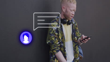 animation of message icon over albino man using smartphone