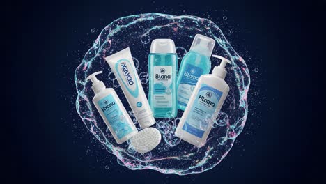 a captivating display of personal care products in a soap bubble: showcasing cleansers and moisturizers for radiant skin and hair health