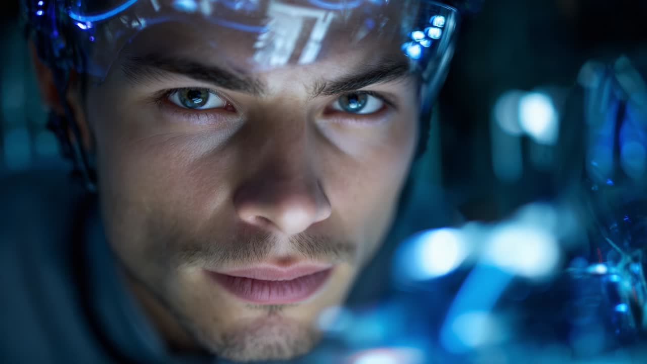 Intense Focus: A Close-Up of a Young Man with a Futuristic Helmet, Capturing the Emotion and Determination in His Eyes Amidst a High-Tech Environment Filled with Glowing Elements