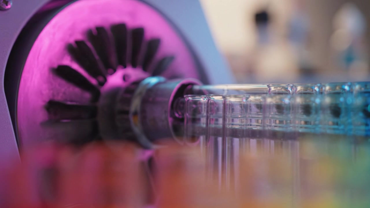 Un primo piano di un'apparecchiatura da laboratorio con una serie colorata di provette e un meccanismo rotante sullo sfondo per esperimenti scientifici.