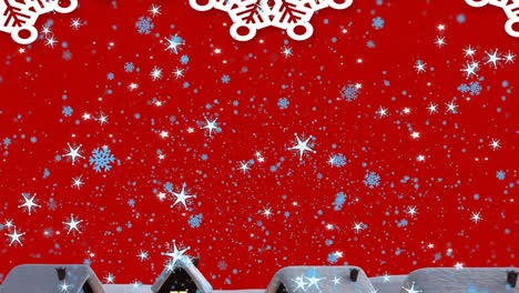 Animation-Beleuchteter-Sterne-Und-Schneeflocken,-Die-Auf-Häuser-Vor-Rotem-Hintergrund-Fallen