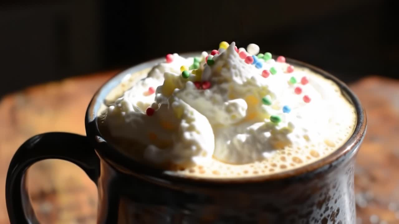 Delightful Warm Beverage with Whipped Cream and Colorful Sprinkles: A Cozy Treat for All Seasons