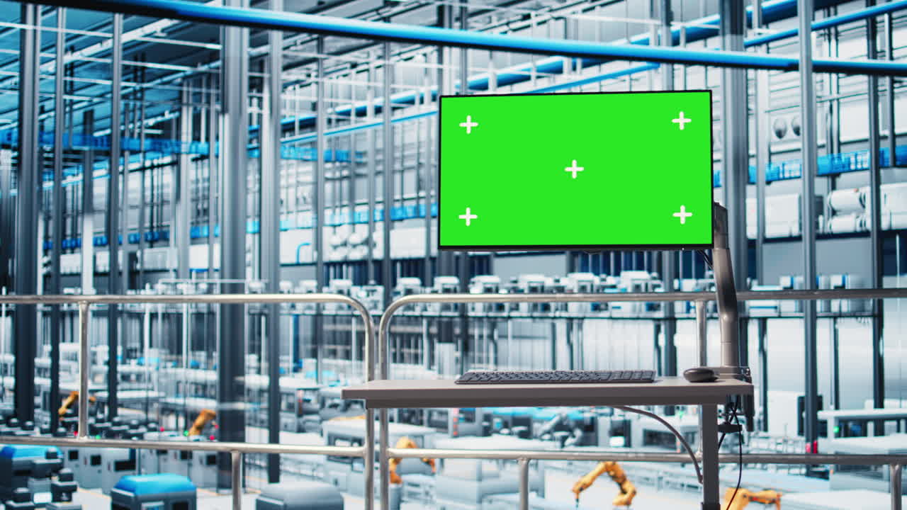 Green screen monitor displays analytics dashboard for industry 4.0 smart factory
