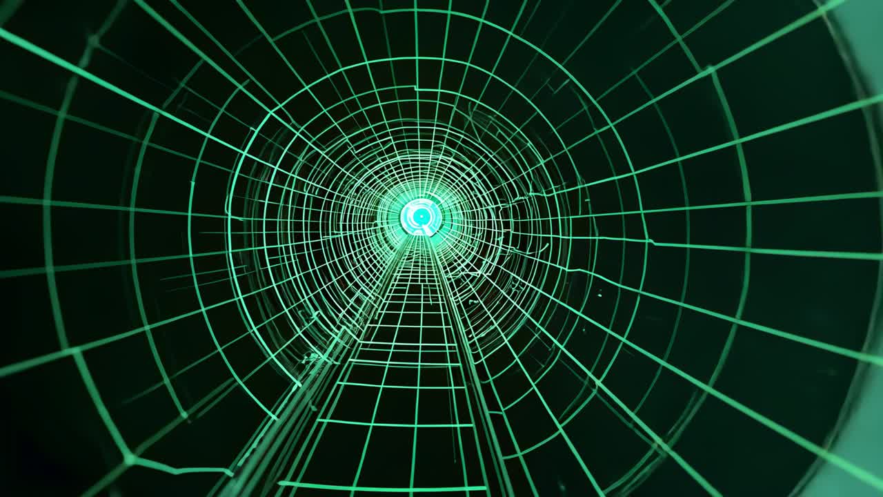 Drifting camera passing through green wireframe tunnel on clip start, yellow nodes flickering