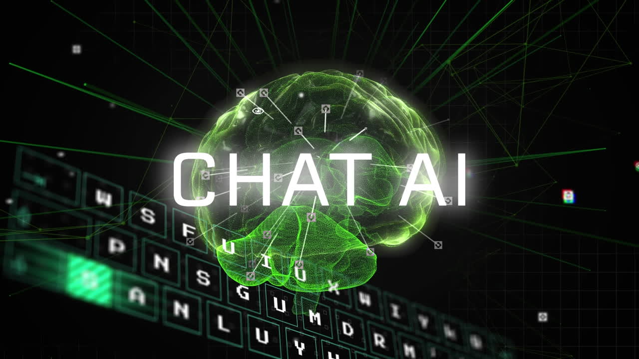 Animation of artificial intelligence text and data processing over human brain